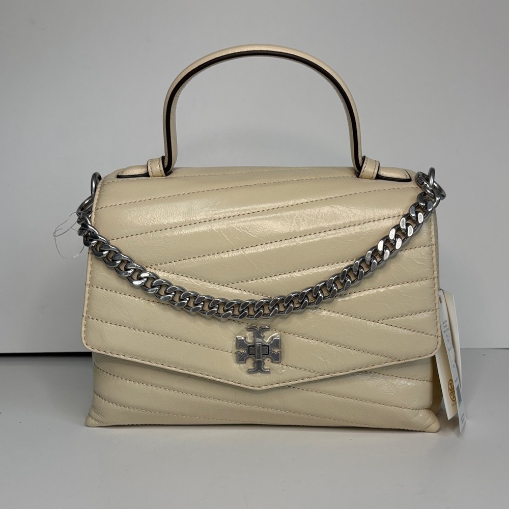Tory Burch Beige Quilted Satchel with Silver Chain-optional shoulder strap